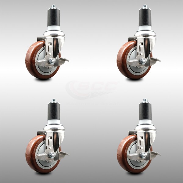 Service Caster 4 Inch 316SS Maroon Poly Swivel 1-1/2 Inch Expanding Stem Caster Set Brake SCC SCC-SS316EX20S414-PPUB-MRN-TLB-112-4 - main
